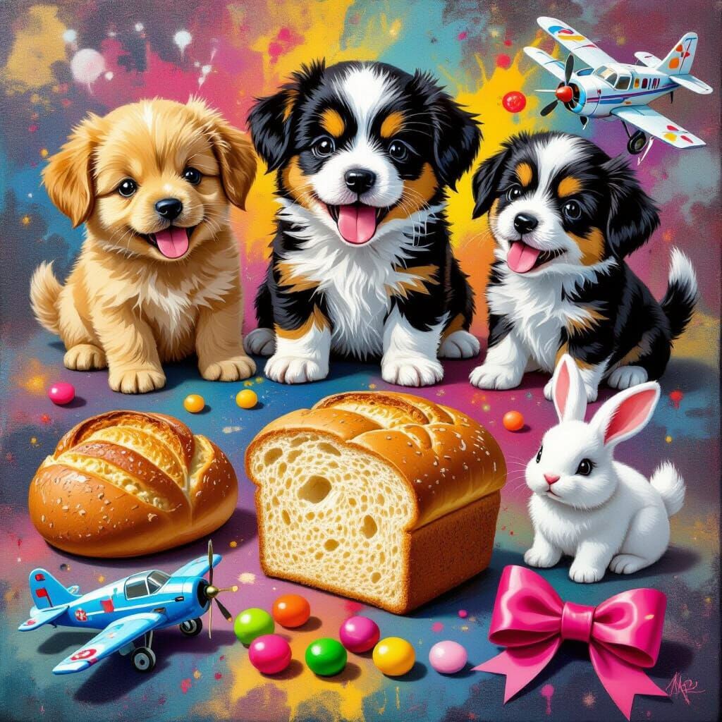 Vibrant Collection of Cute Animals and Toys in Graffiti Styl...