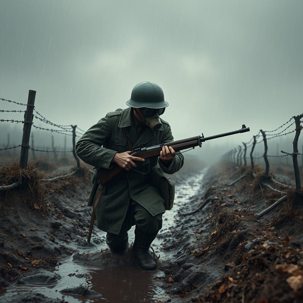 WW1 Soldier Charges Through Muddy Battlefield