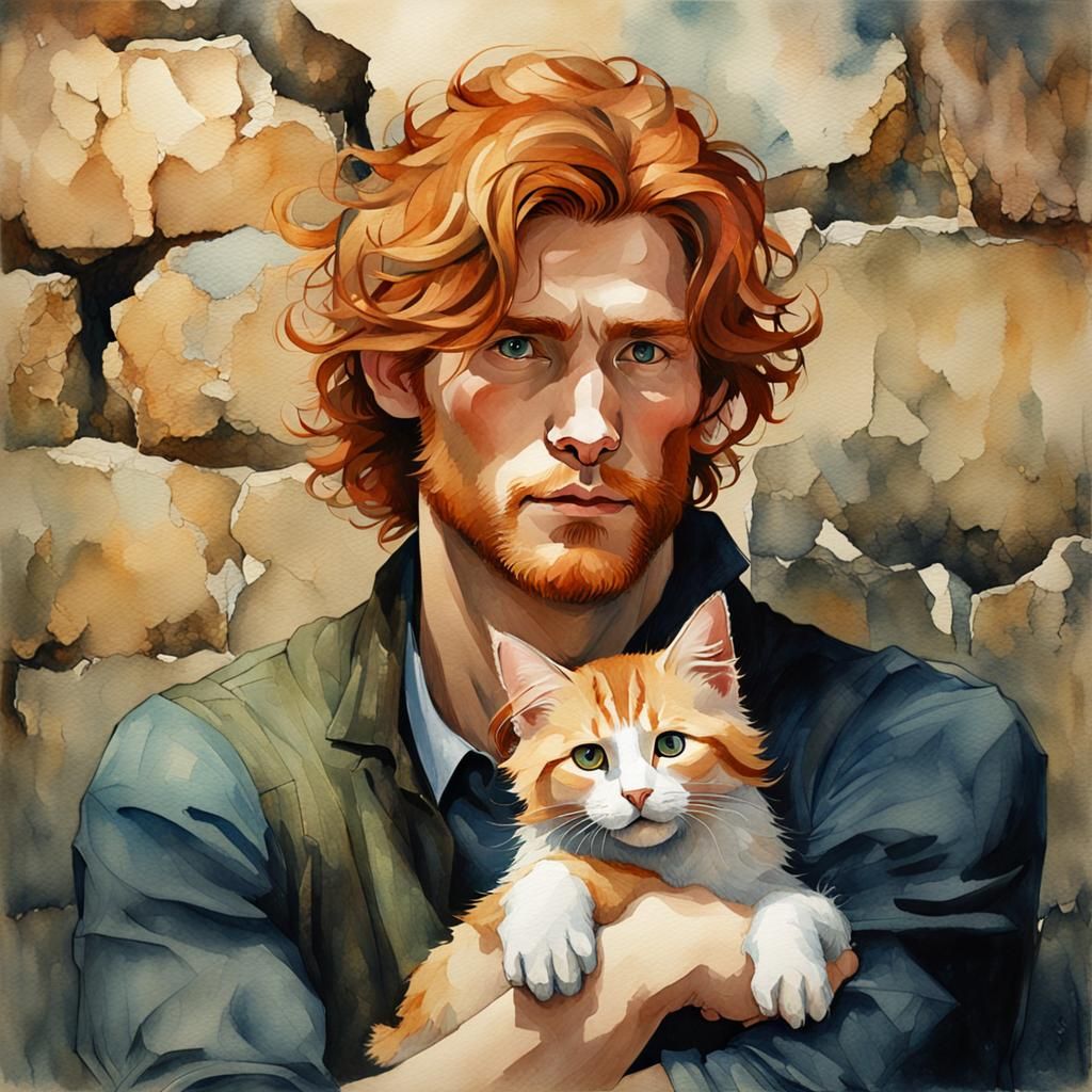 Handsome Man Holds Ginger Kitten in Watercolor Style