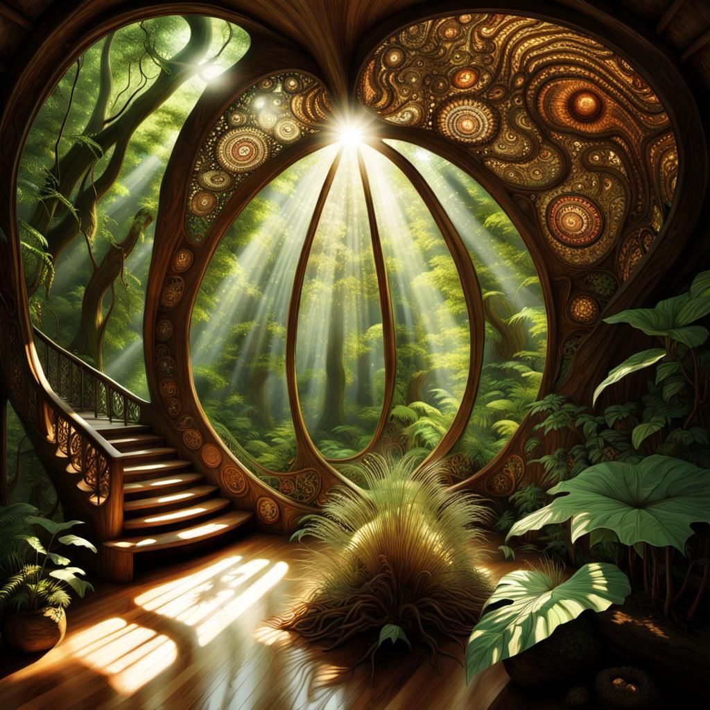 Mythical Jungle Home with Family, Backlit Sunrays