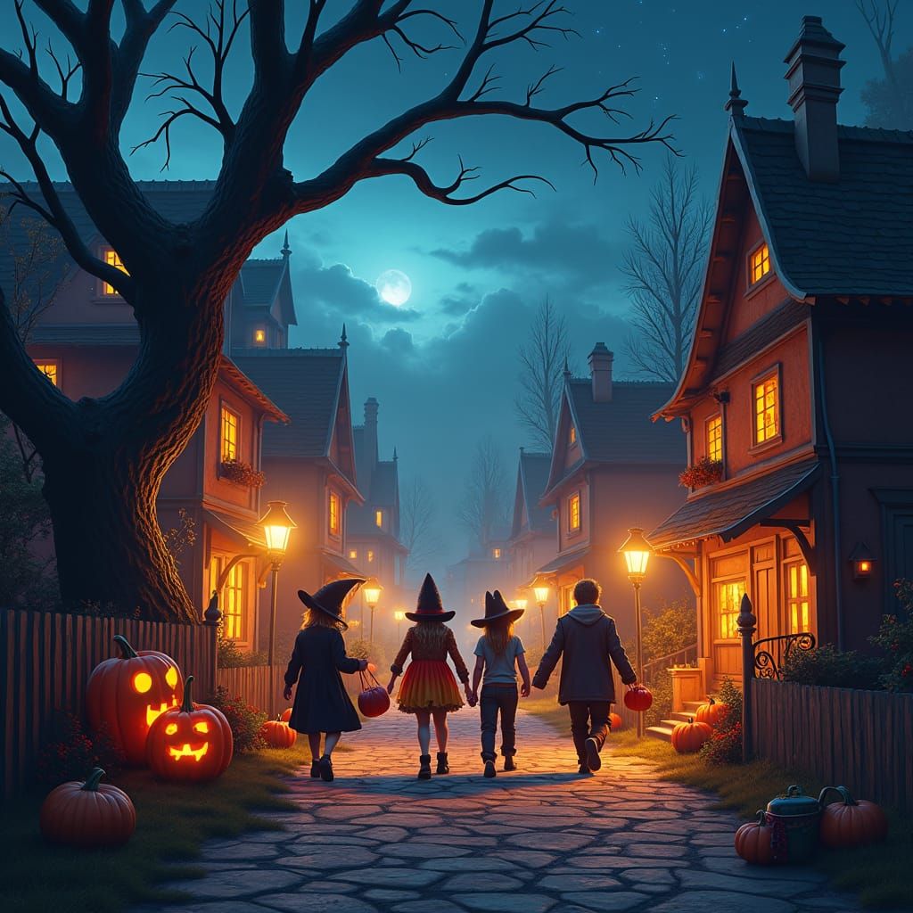 Enchanting Halloween Townscape at Dusk in Fantasy Style