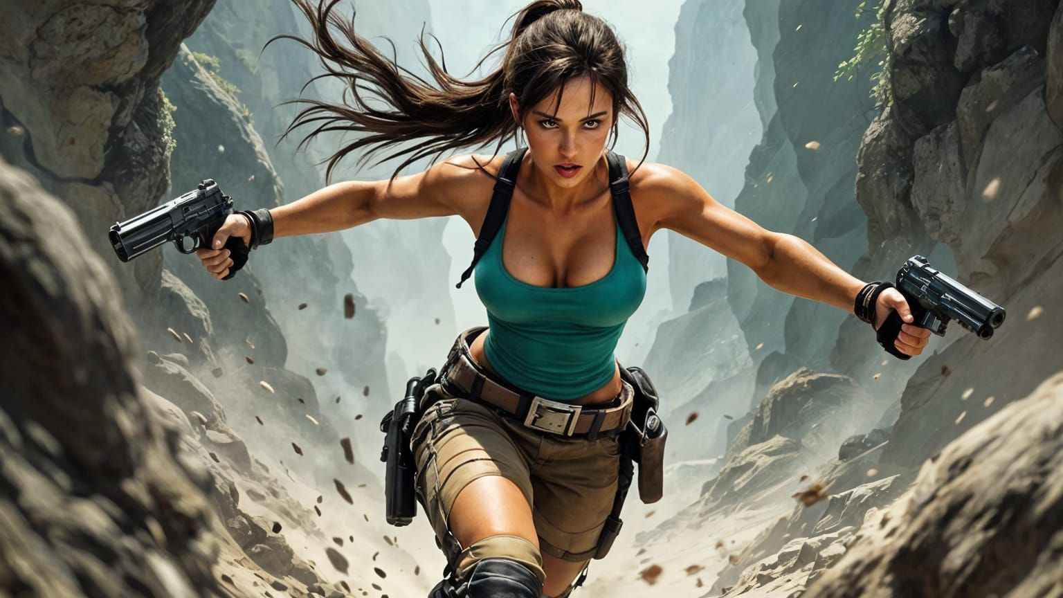 Tough Lara Croft in Cyberpunk Comic Book Style
