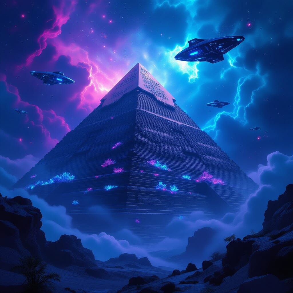 Ancient Pyramid in Cosmic Nebula with Alien Flora