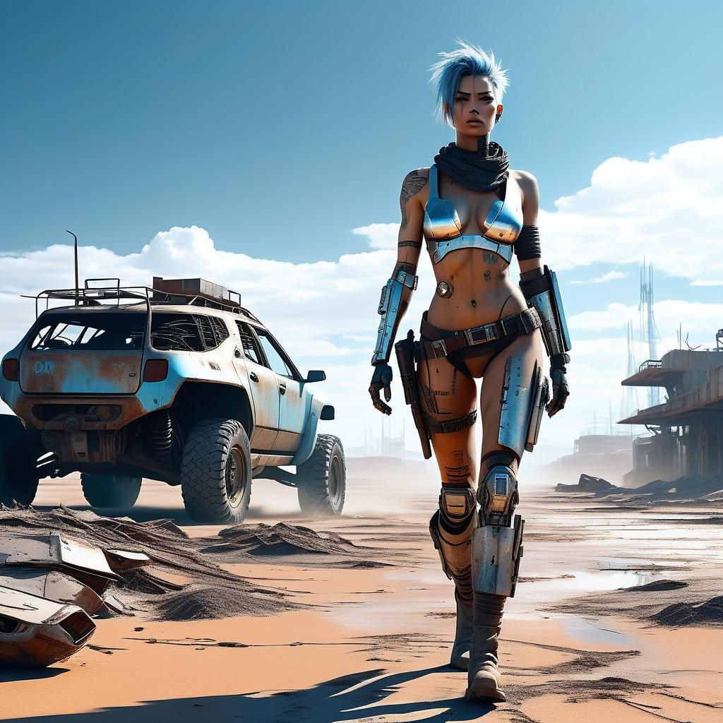 Cyberpunk Woman Strolls Through a Desert Wasteland