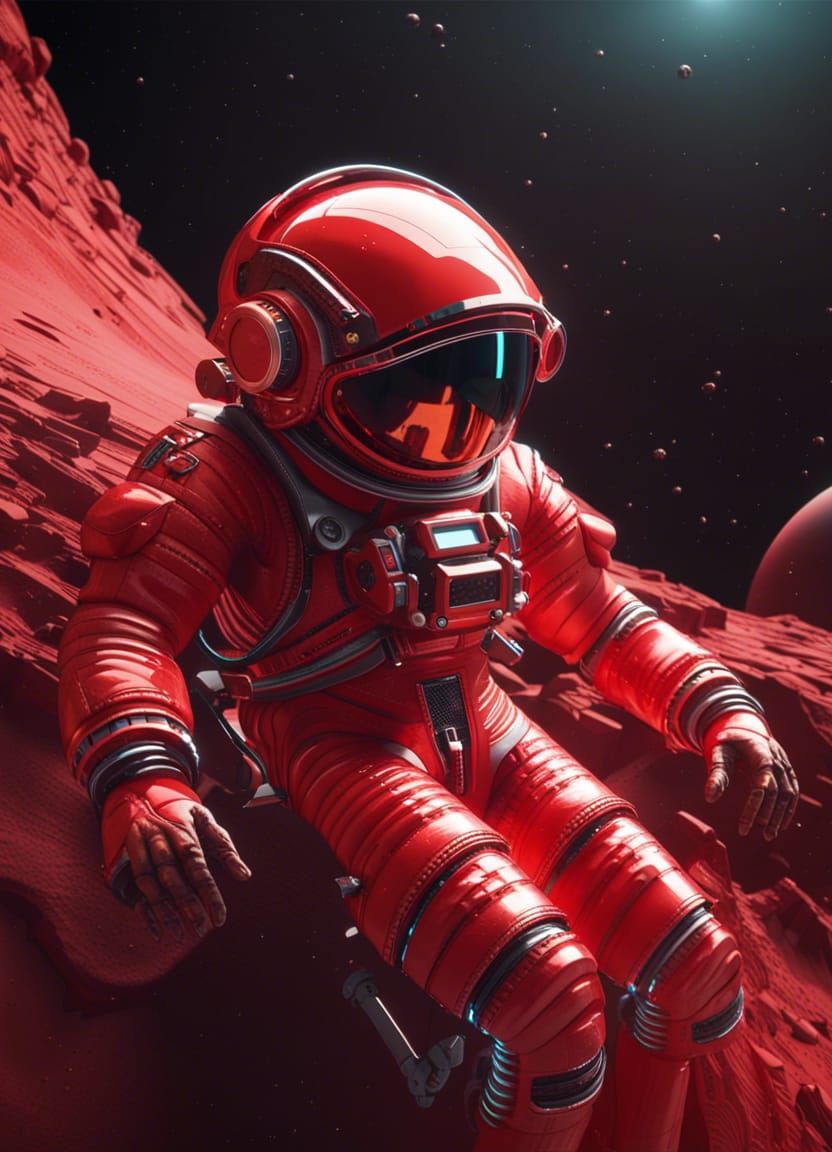 Brunette Cosmonaut in Red Spacesuit near Mars