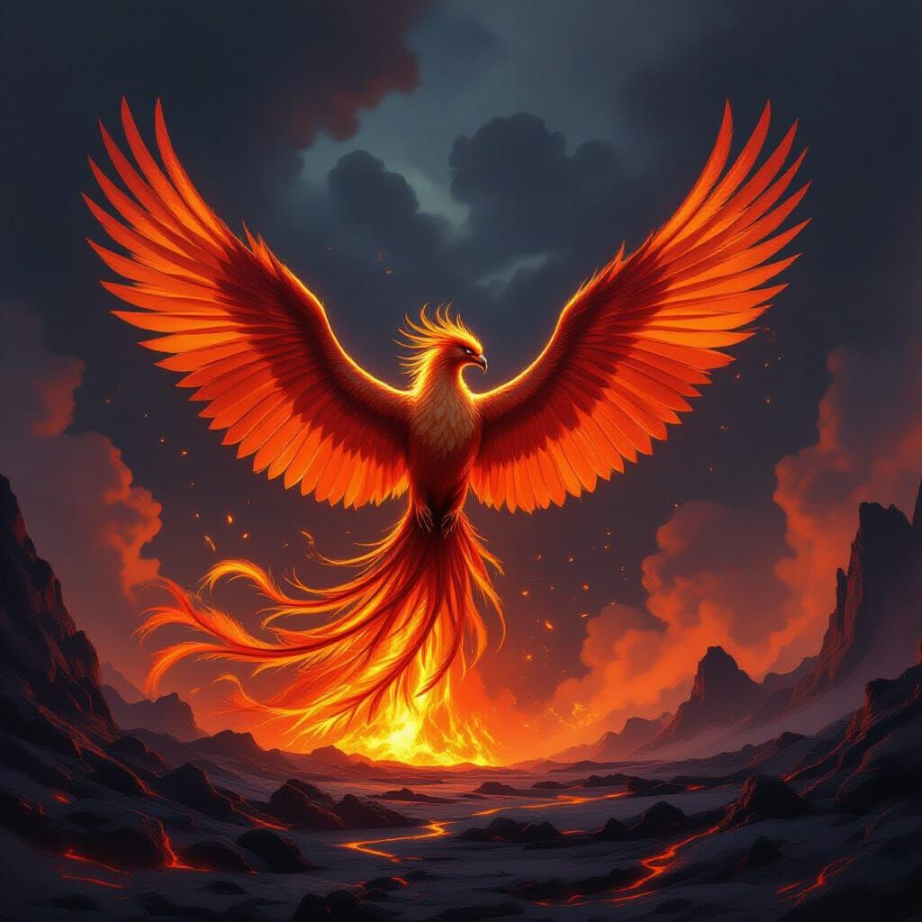 Majestic Phoenix Erupts From Volcanic Landscape in High-Fant...