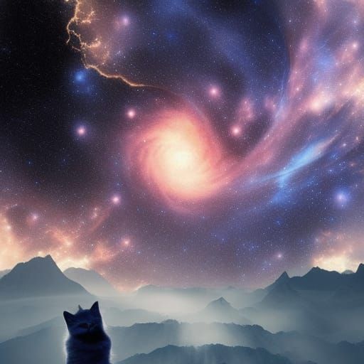 Cat Floating in Space Among Planets and Stars