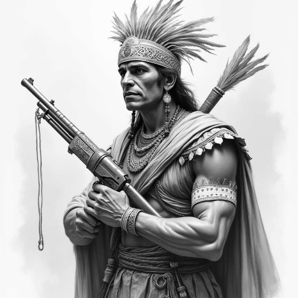 Indian King with Gun: Detailed Charcoal Drawing