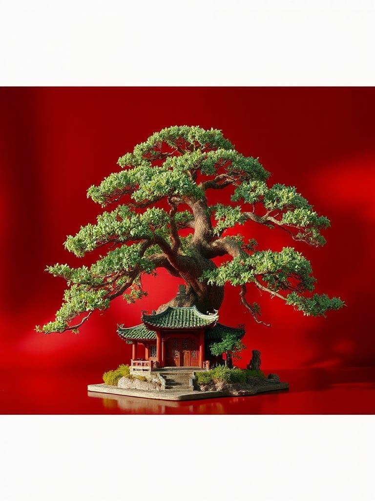 Bonsai and Temple Double Exposure in Vibrant Colors