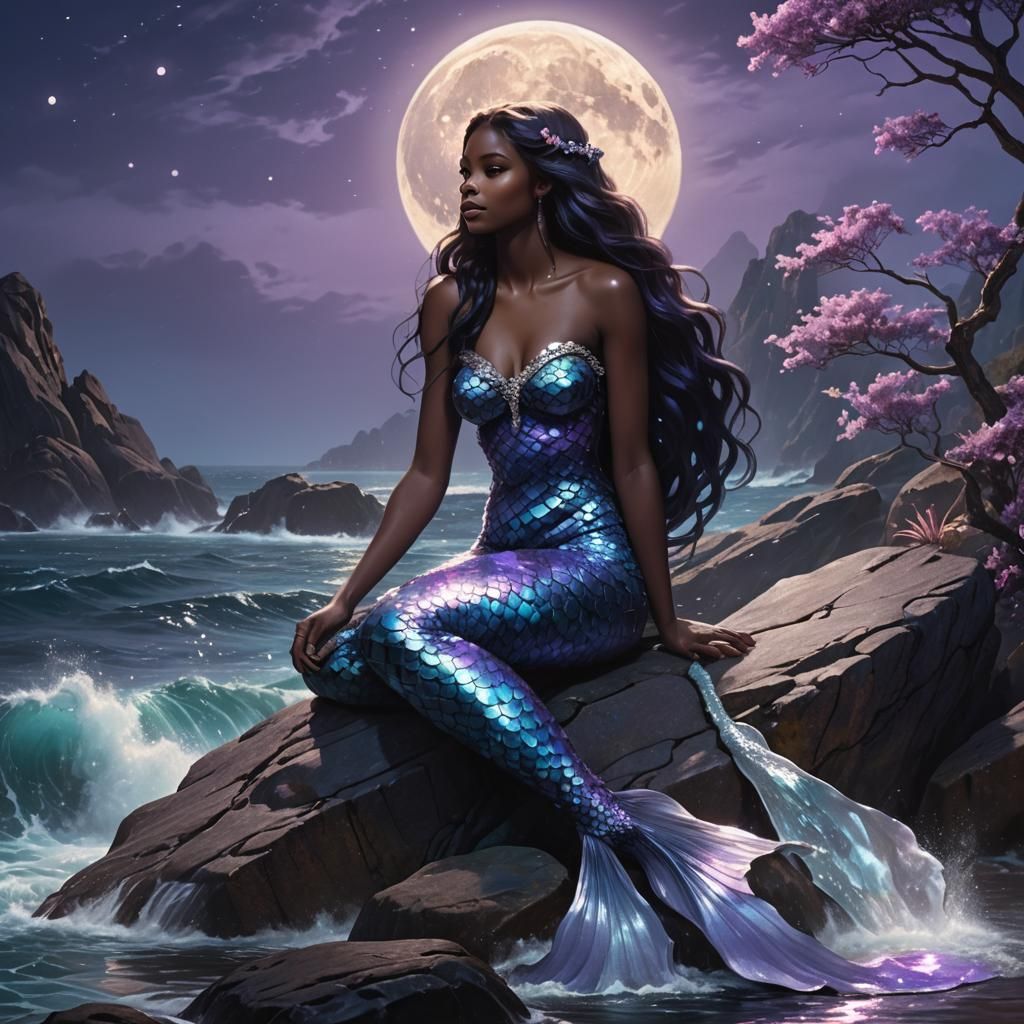 Dark-Skinned Mermaid in Moonlit Oceanic Scene