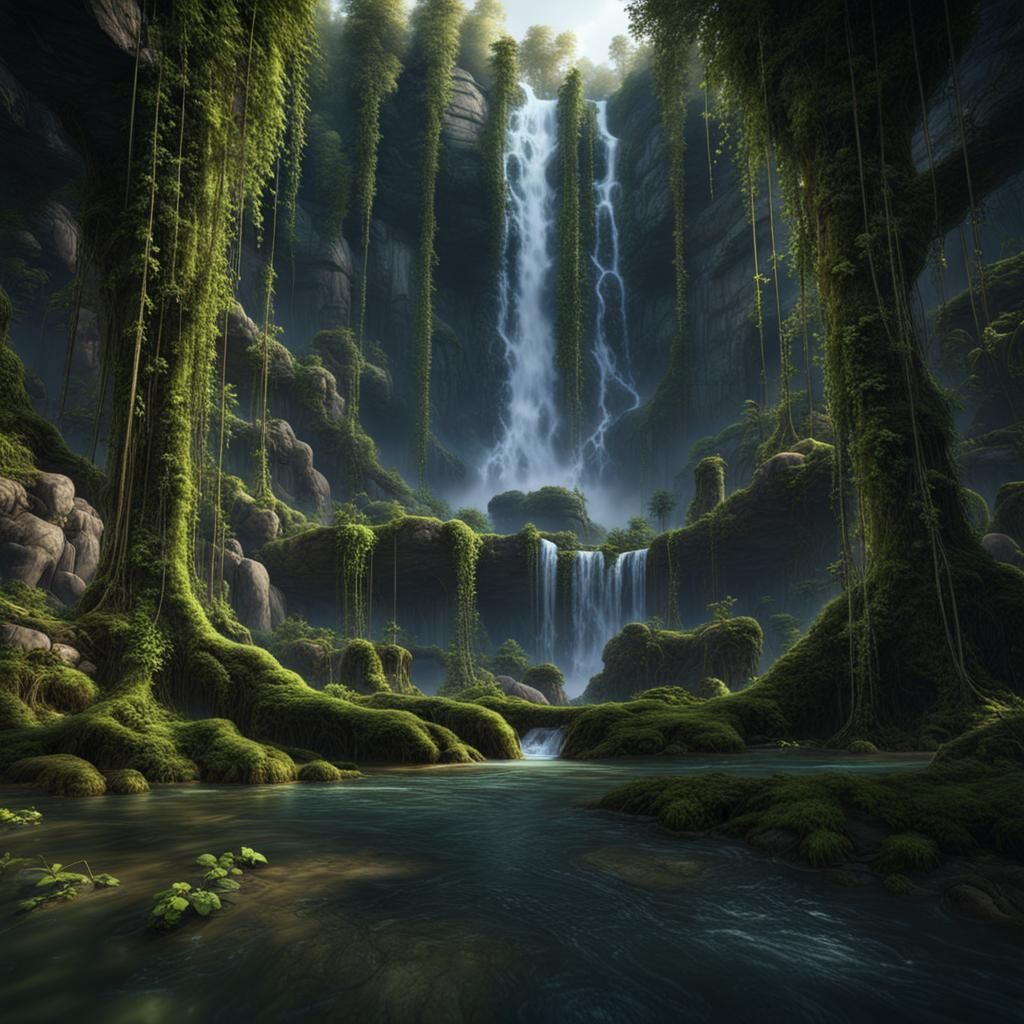 Lush Forest Waterfall in Detailed Matte Painting