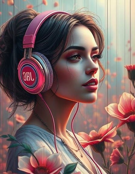 Woman with Headphones in Impressionistic Virtual Universe
