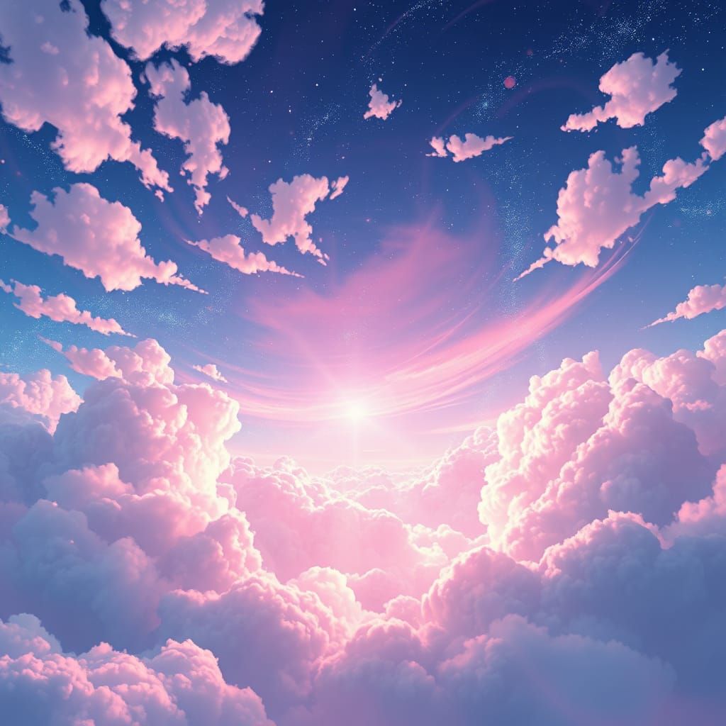 A celestial sky full of ethereal, misty, fluffy clouds with sparkles. Clear, bright shades of blue, purple, pink.