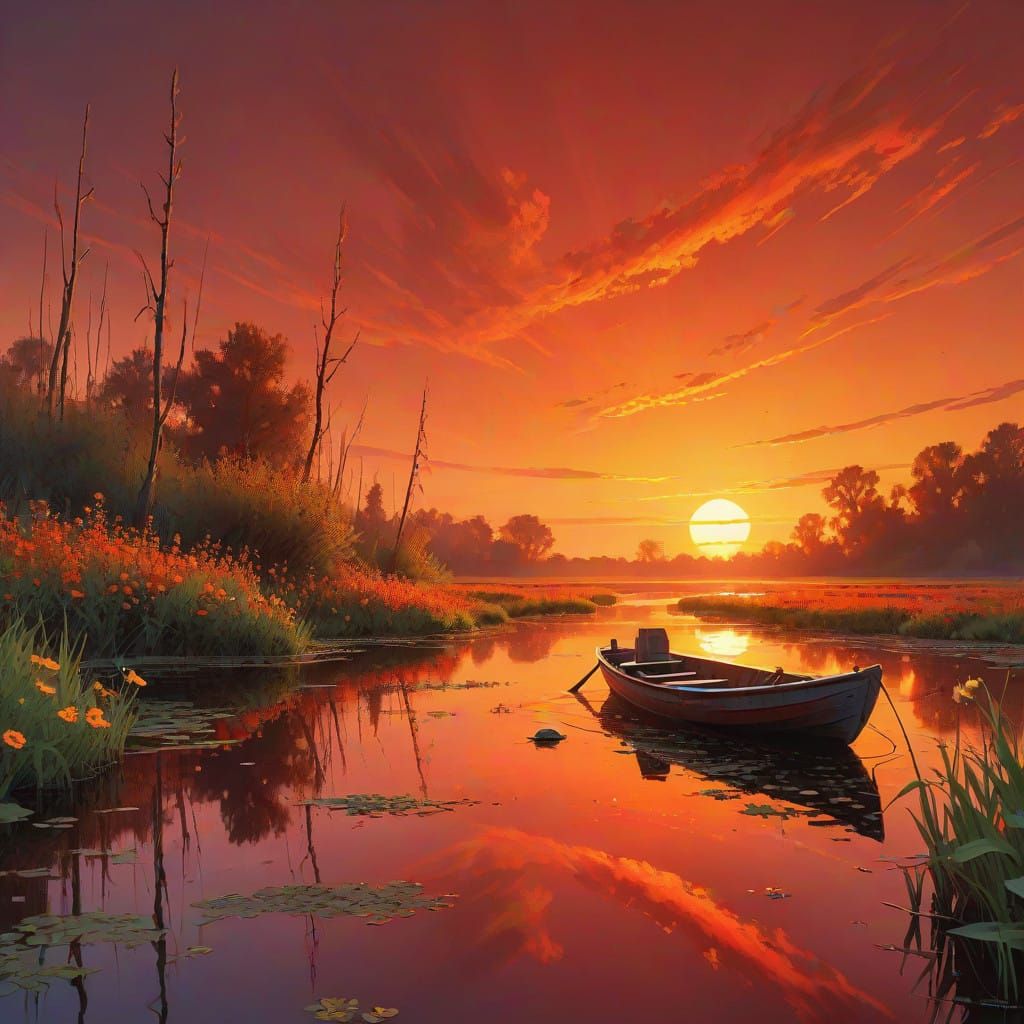 Vibrant Swamp Sunset with Small Boat in Horror Art Style