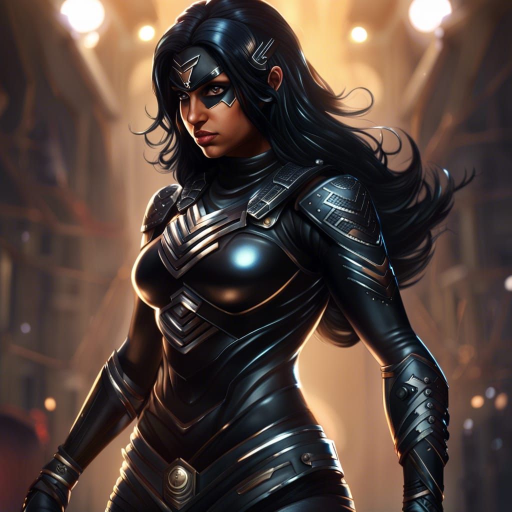 Indian Superheroine in Tactical Armor on Rooftop