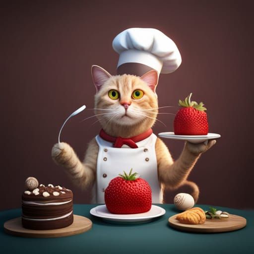 Cat chef baking birthday cake for you