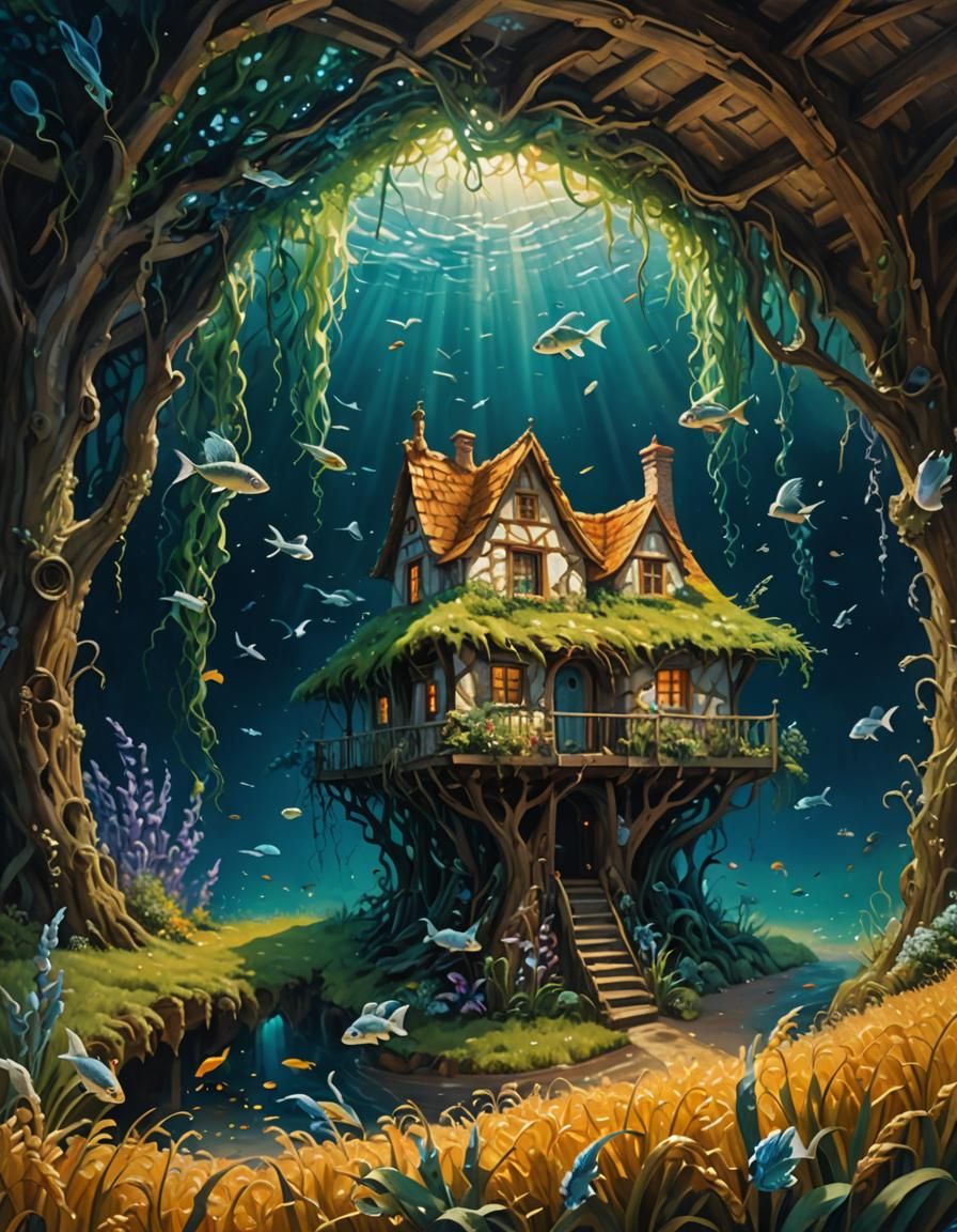 Surreal Polish Cottage Merges with Undersea Grotto