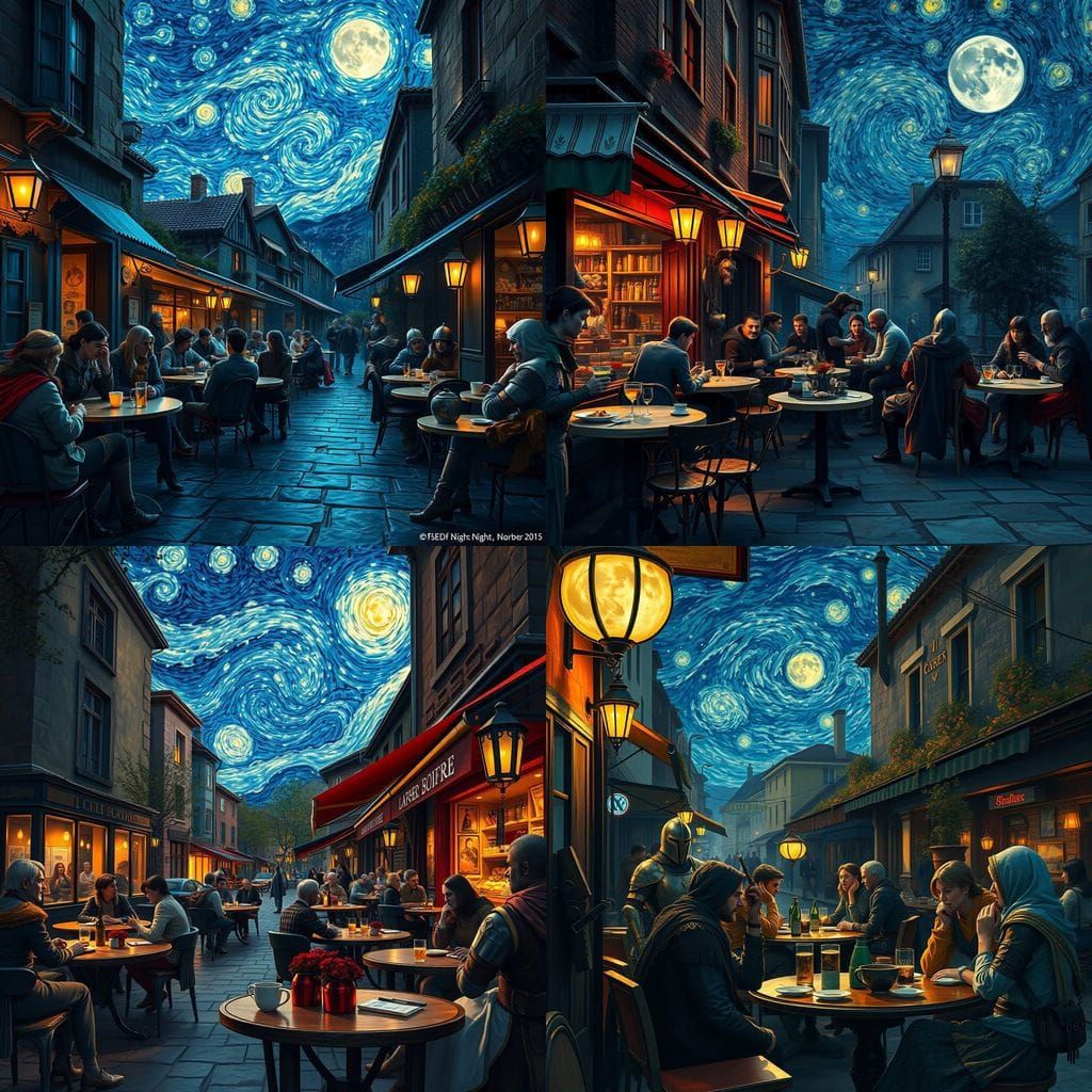 Whimsical Night Cafe Gathering Amidst Edward Hopper's Street...