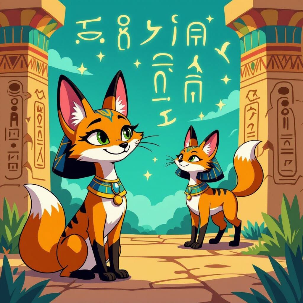 Fox Sphinx Blocks Path in Vibrant Whimsical Style