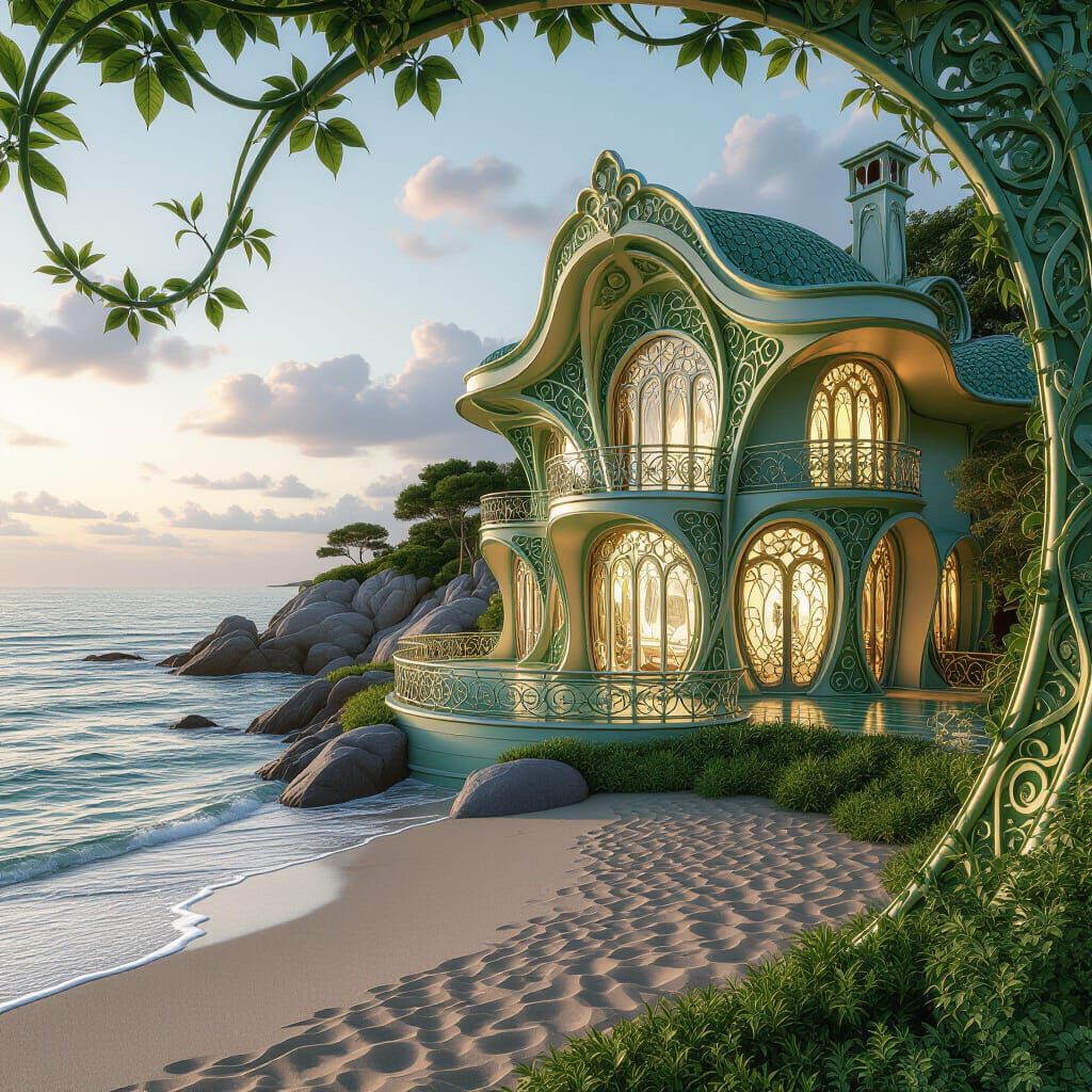 Art Nouveau Emerald Gemstone Home by the Sea at Twilight