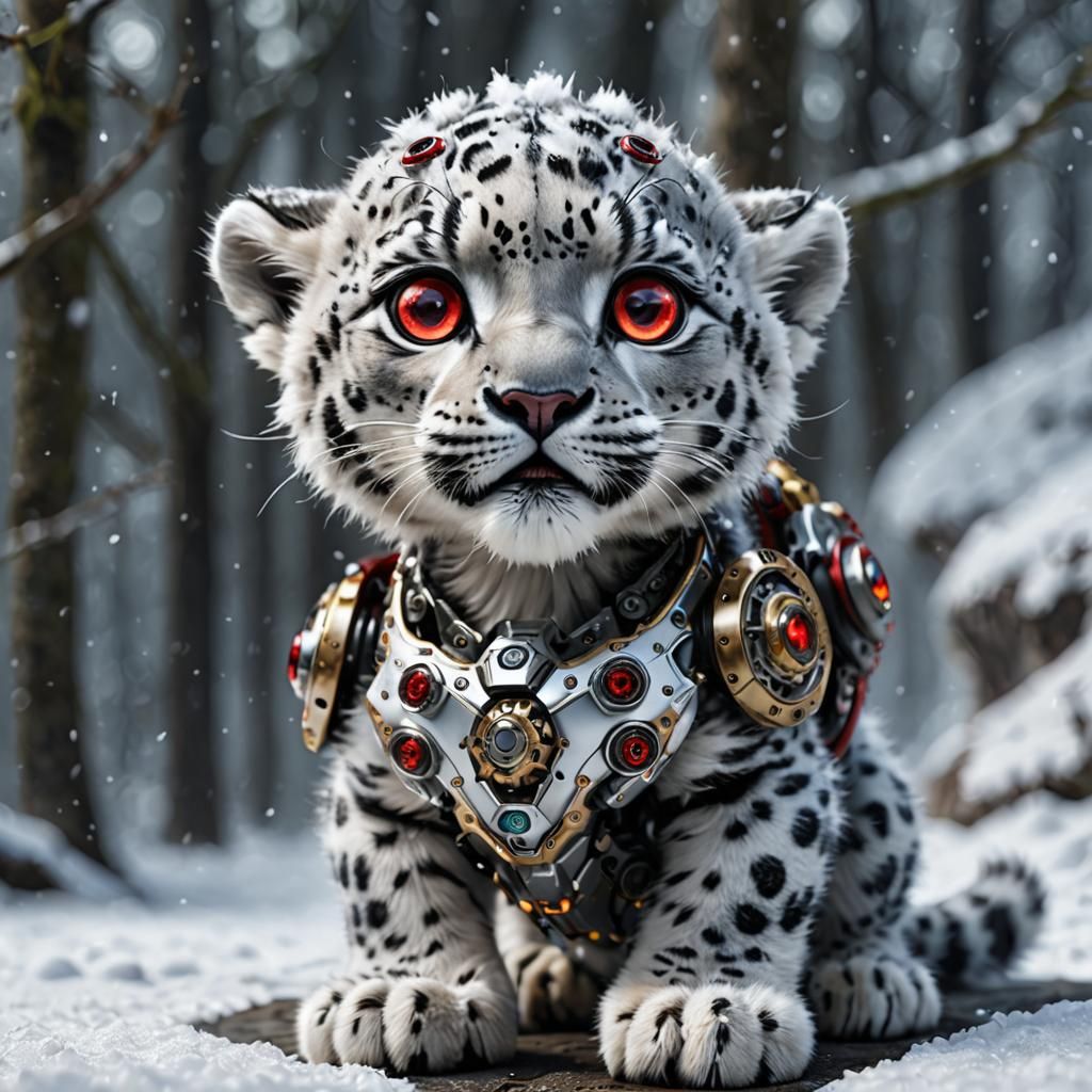 Baby Snow Leopard Cyborg with Glowing Red Eyes