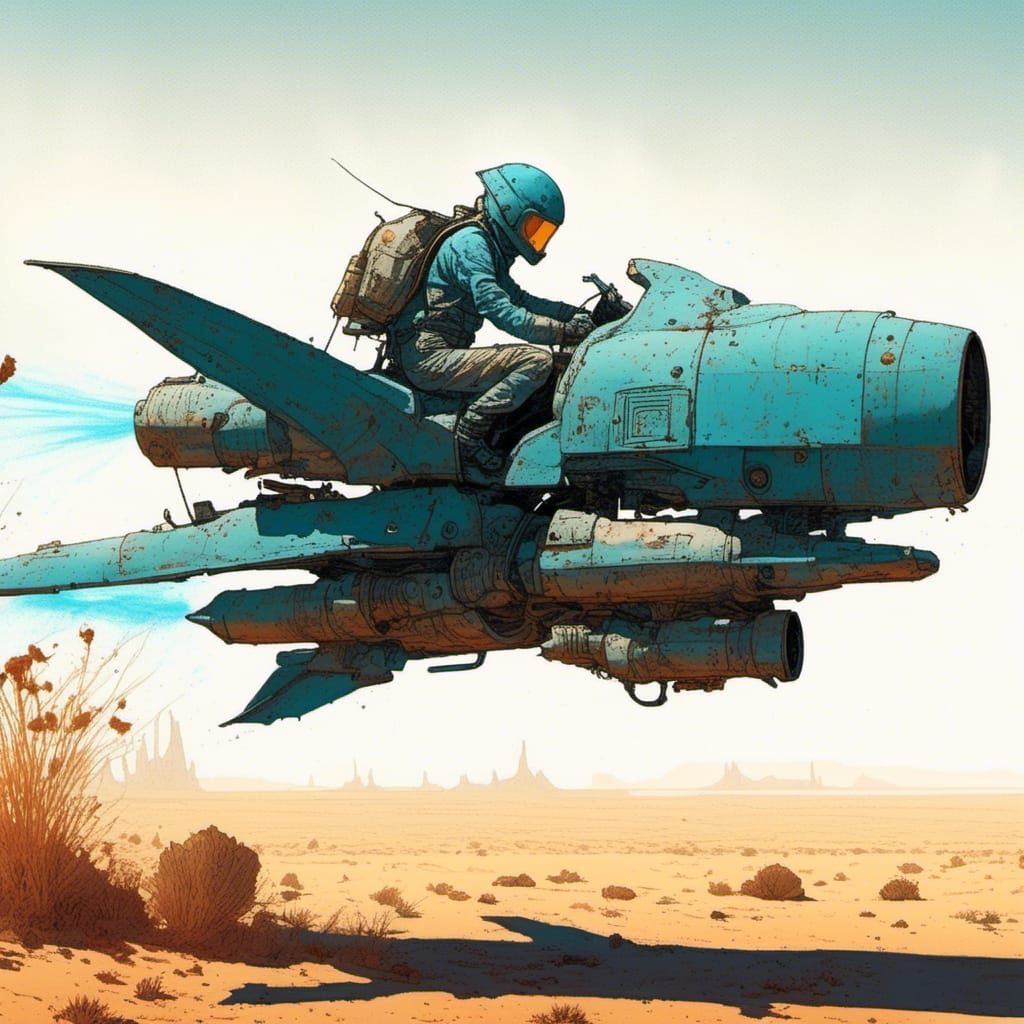 Moebius Style Hoverbike in Desert Landscape