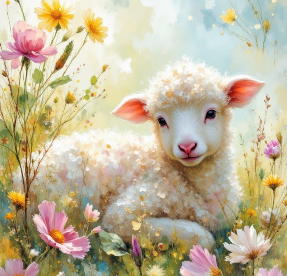 Ethereal Lamb in Meadow with Iridescent Floral Sparkles