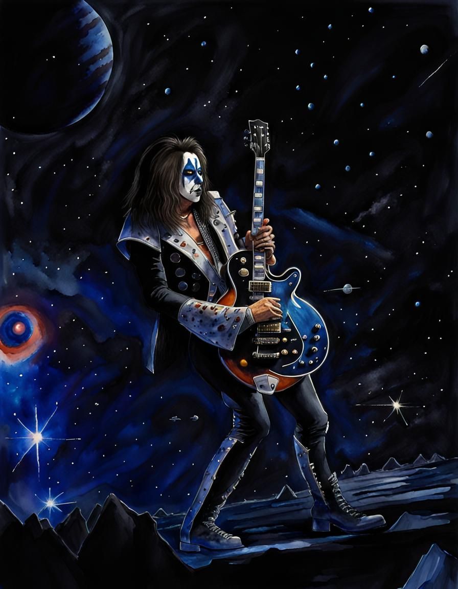 Ace Frehley of Kiss in Outer Space, Ink and Watercolor
