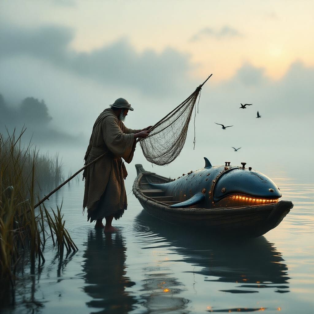 Mechanical Whale and Fisherman at Misty Dawn