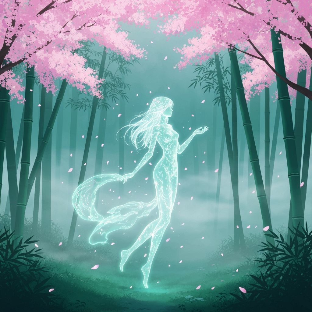 Spectral Woman in Serene Bamboo Forest, Anime Style