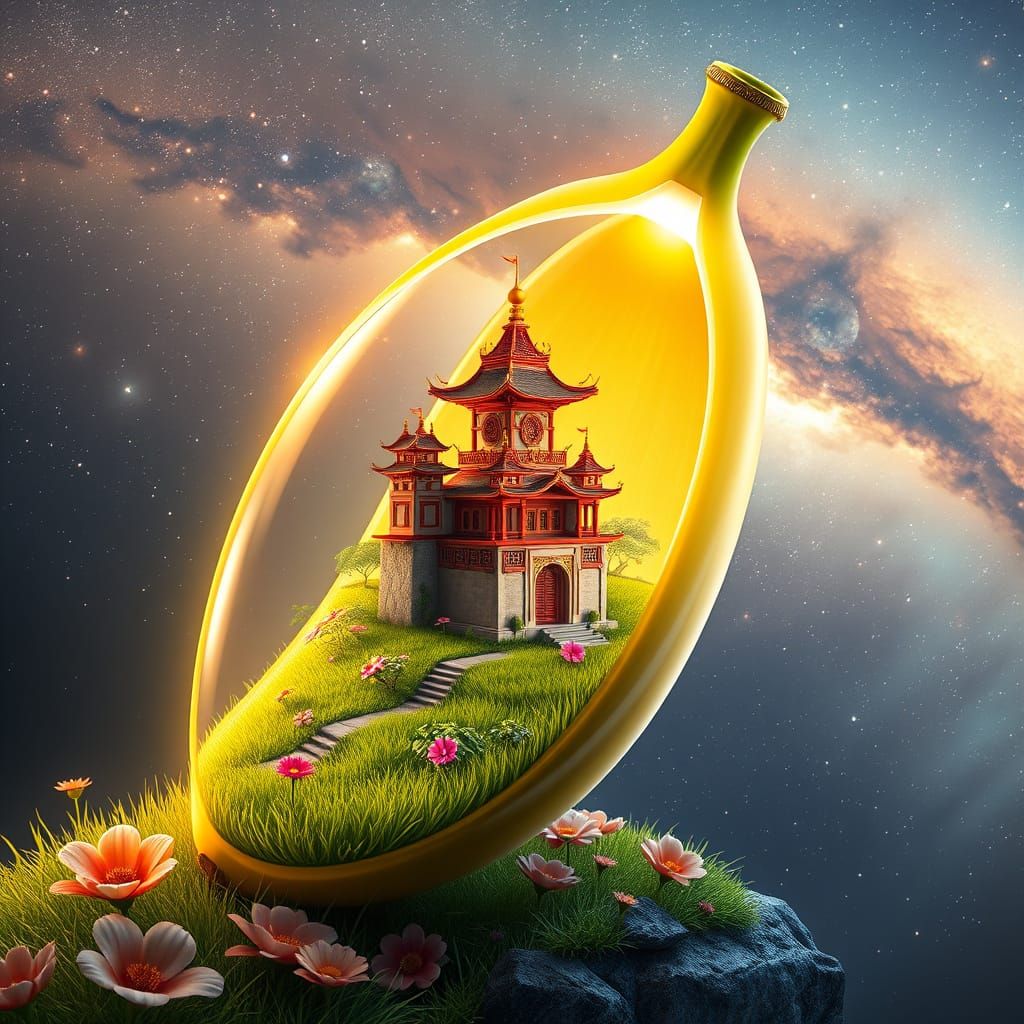 Chinese Castle Inside Transparent Banana: Digital Art