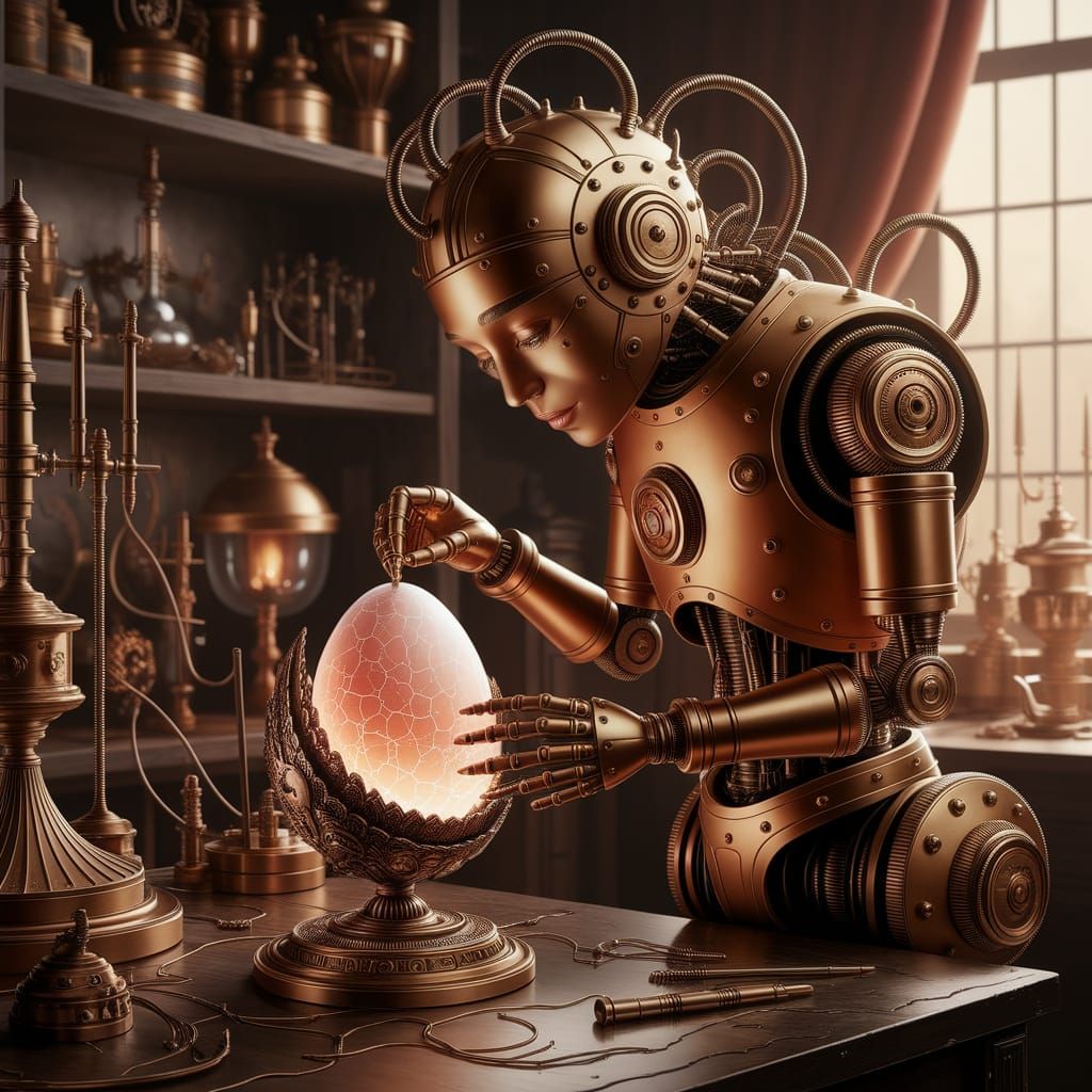 Steampunk Automaton Tends Pulsing Dragon Egg in Victorian Wo...