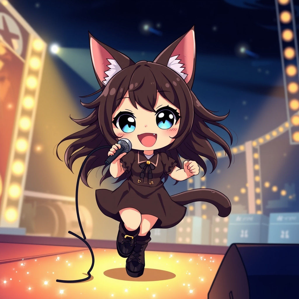 Anime Catgirl Singing on Stage with Microphone