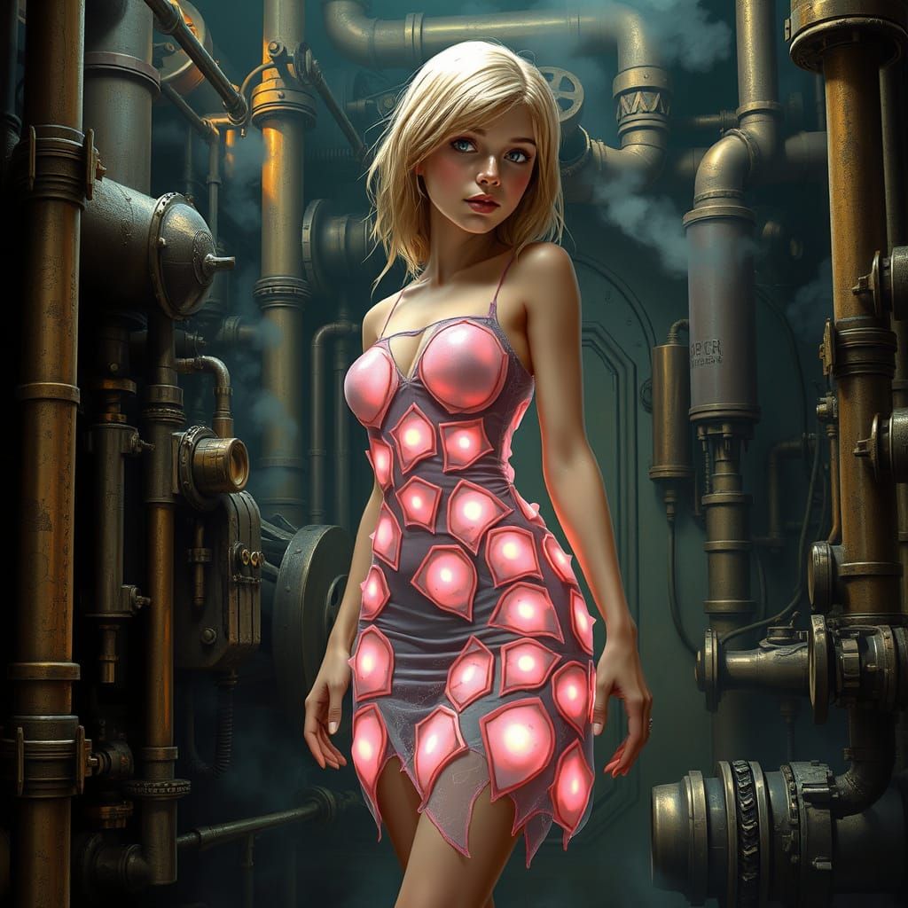 Teenager in Sentient Giger-McQue Style Dress in Steampunk En...