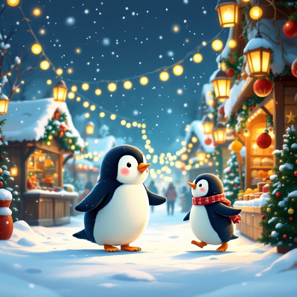 Penguins Enjoying a Whimsical Arctic Christmas Market