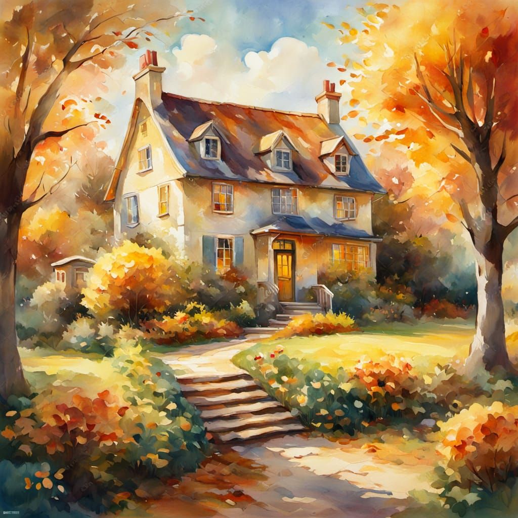 Charming Country House in Autumn Garden, Impressionist Style