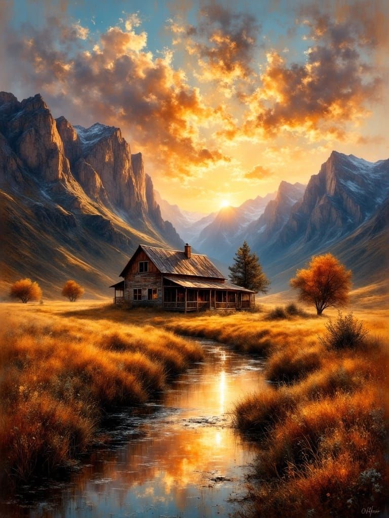 1800s Ranch at Sunset in Rugged Mountain Meadow