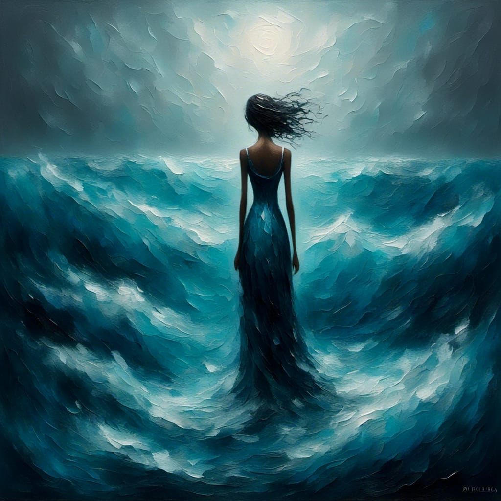 Sad Woman Sinking: Blue Impasto Oil Painting