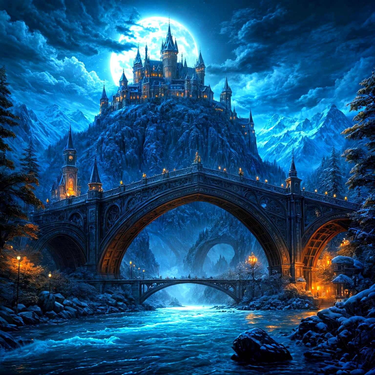 Royal Sunset Over Snowy Mountains and Magic Academy