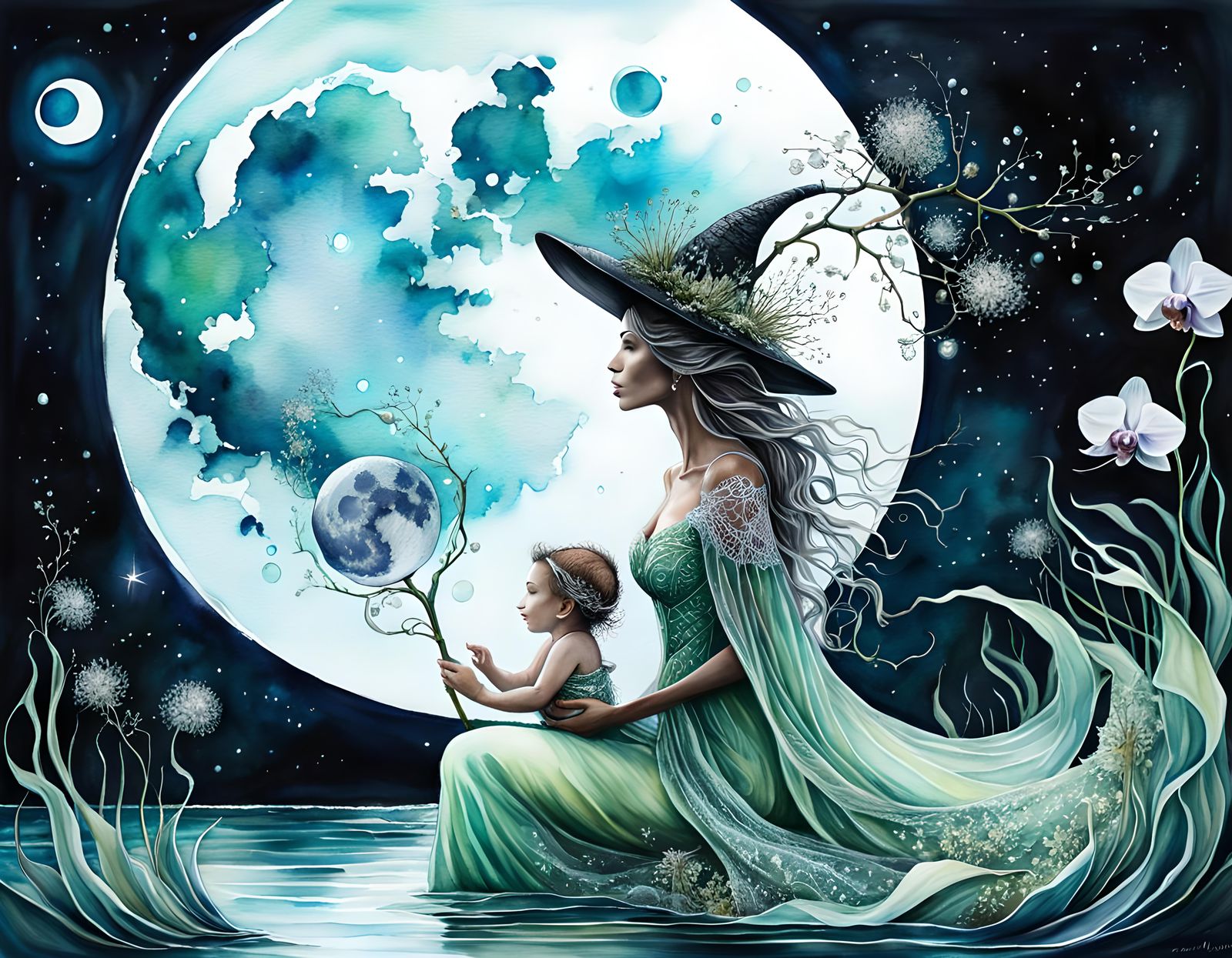 Mythical Nymph Runs to Black Lagoon: Watercolour