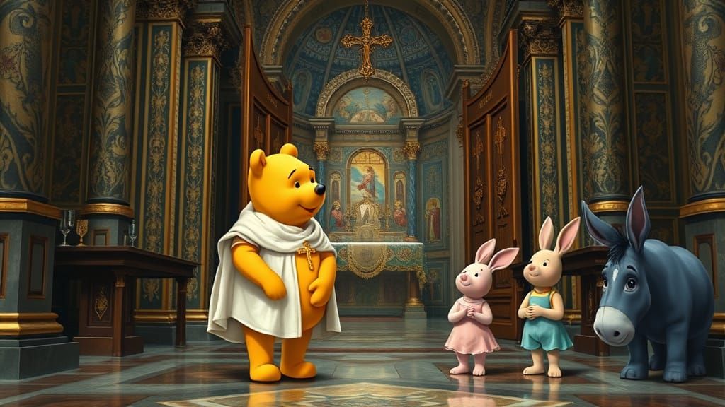 Orthodox Christening Scene of Winnie the Pooh in a Tradition...