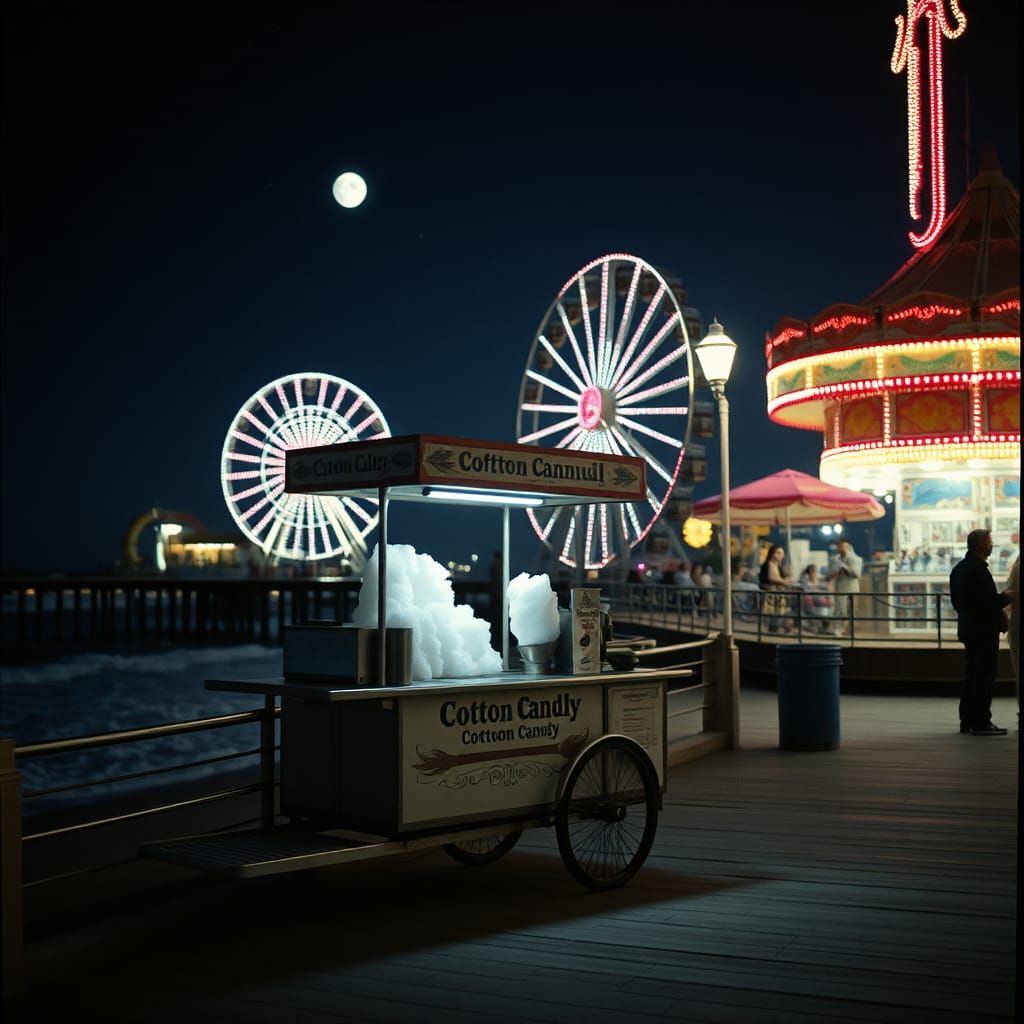 Cotton Candy Cart at Pier Carnival Under Moonlight