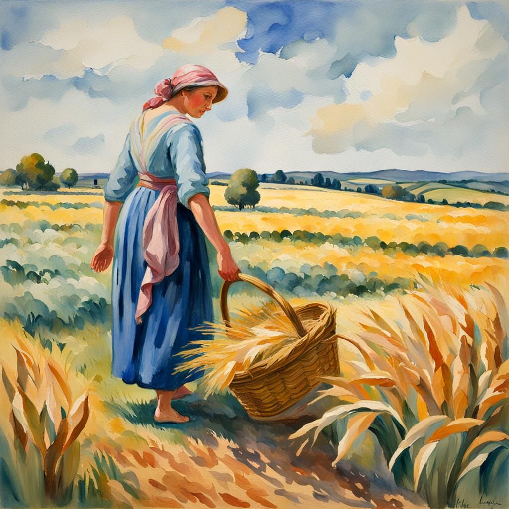 Ruth Gleaning: Impressionist Gouache Watercolor Painting