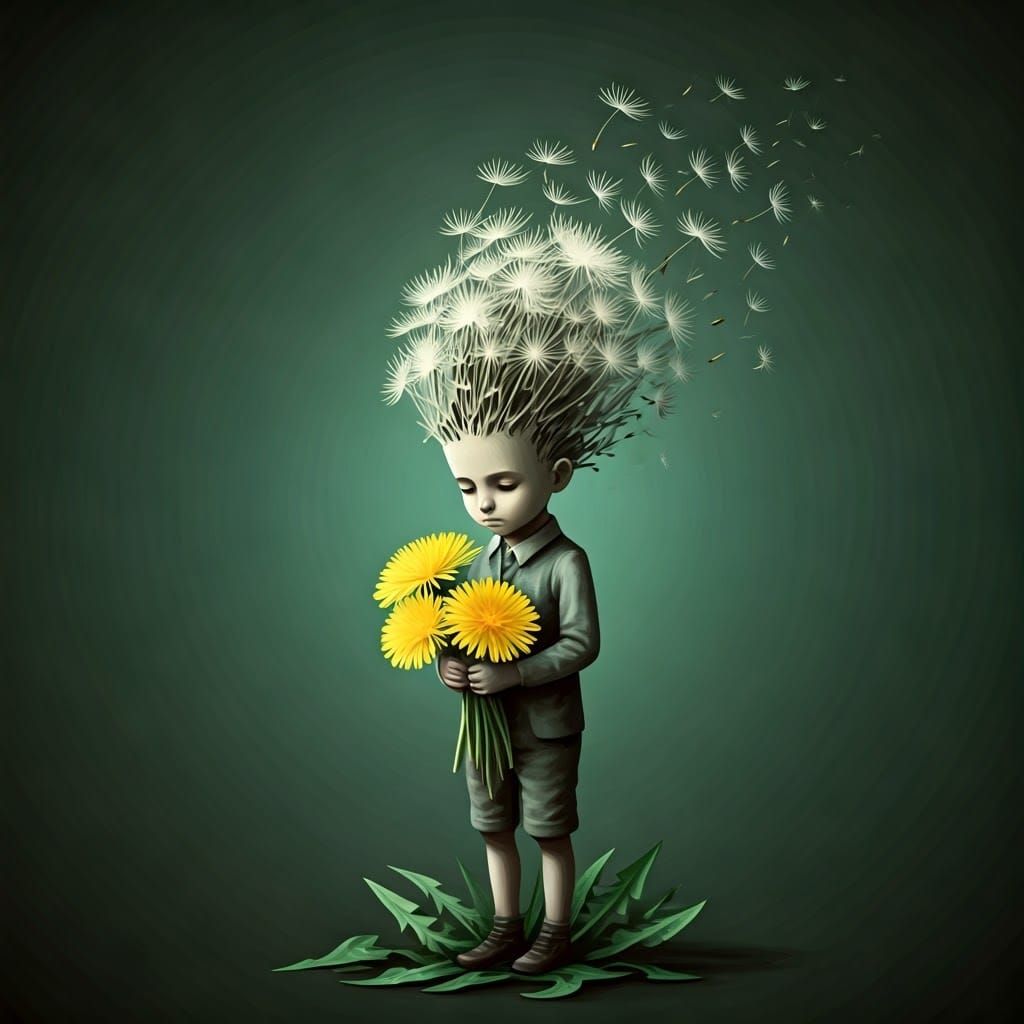 Surreal Boy Made of Dandelion Seeds Suspended in Disintegrat...