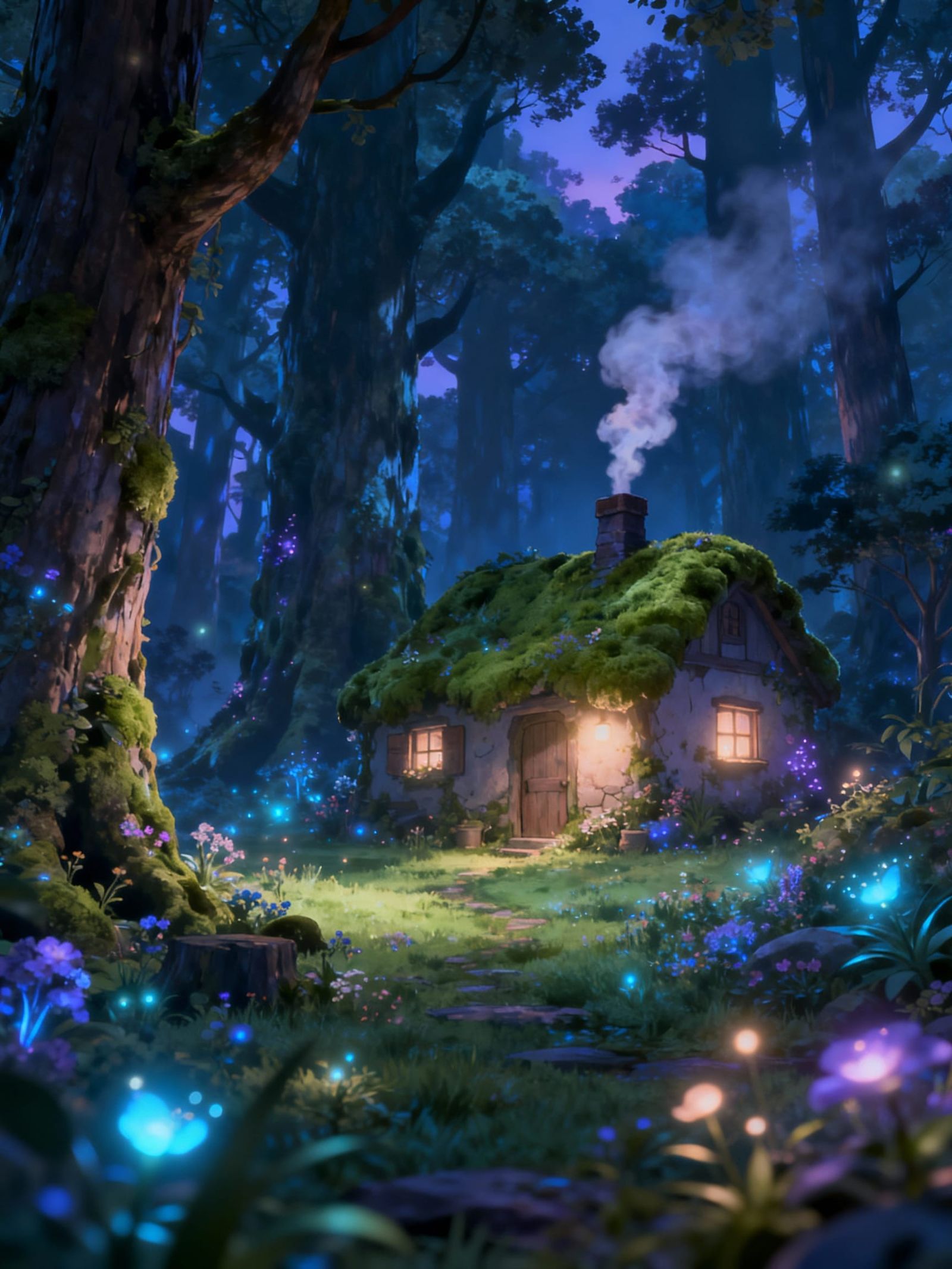 An ethereal, glowing forest clearing at twilight, with biolu...