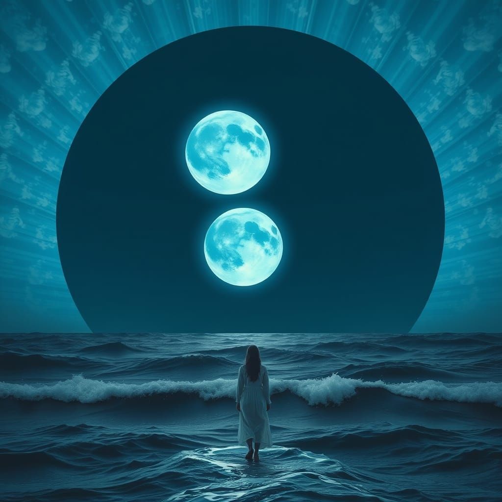 Woman Gazing at Twin Moons in Surreal Landscape