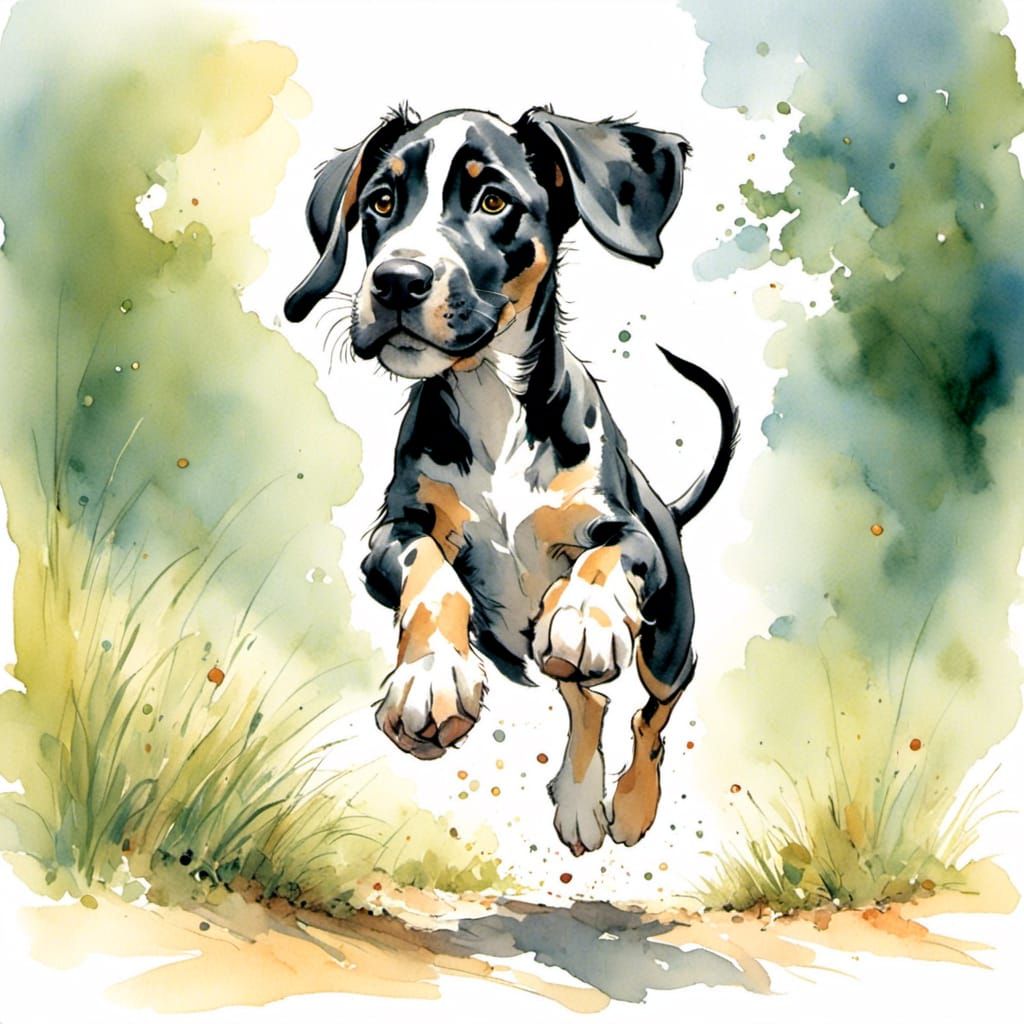 Great Dane puppy charging straight at you.