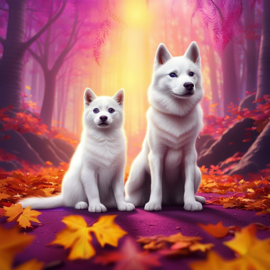 Kitty and Puppy in Autumn Forest
