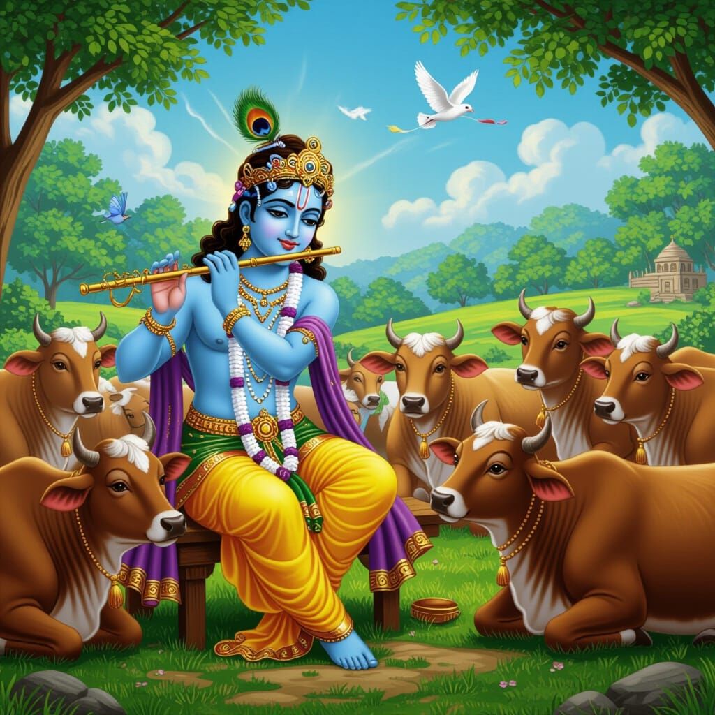 Lord krishna playing flute and hersing cows in Gokul or vrundavan