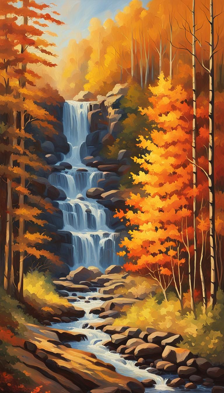 Giant Waterfall in Autumn Forest, Impressionist Oil Painting